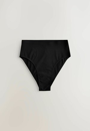 Bas de bikini noir taille haute en tissu lisse et extensible avec un design sans couture, doté d'une ouverture de jambe aux contours nets.