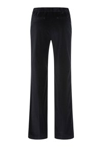 Pantaloni neri a gamba larga con una cintura elastica, dotati di due tasche posteriori e una texture liscia. Nessuna chiusura o motivo visibile.