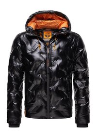 Giacca a vento nera lucida con fodera della cappuccio a motivo arancione, zip frontale, dettagli in rilievo con marchio e cordini arancioni.