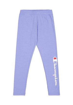 Leggings lilas clairs en tissu doux avec une coupe ajustée. Arborent le logo "Champion" en blanc sur la jambe gauche.