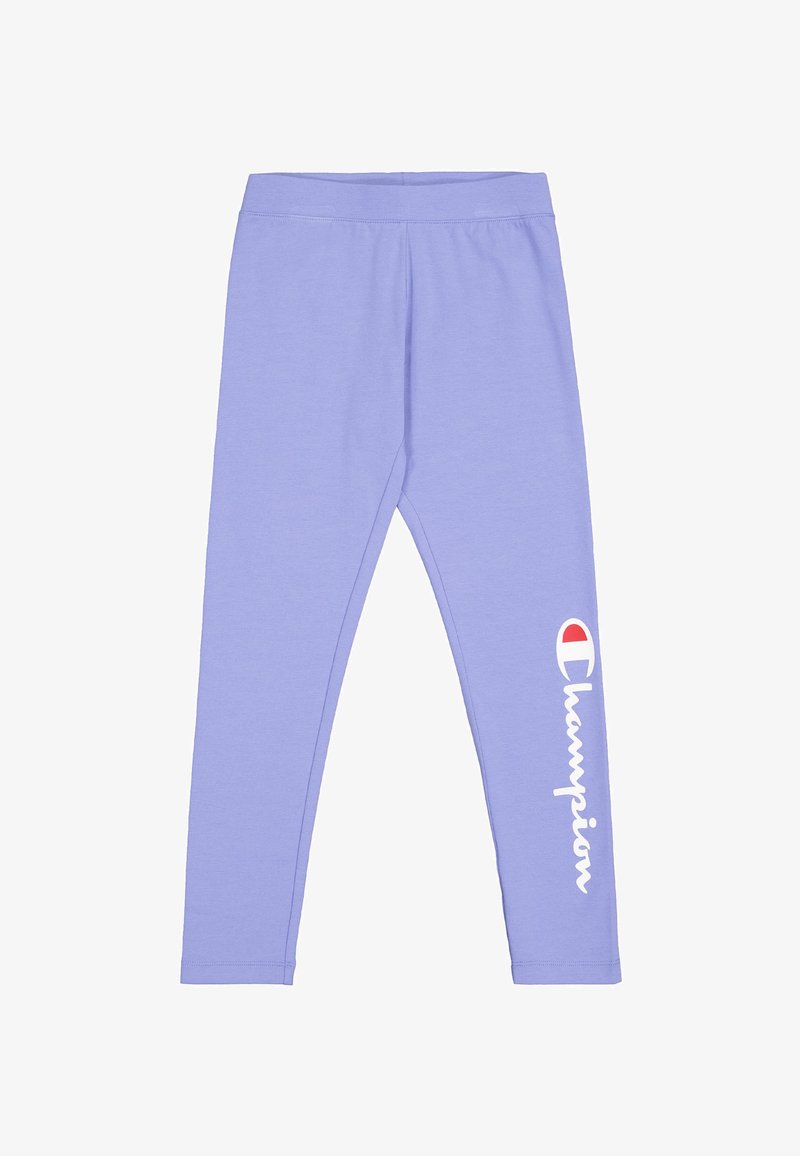Leggings lilas clairs en tissu doux avec une coupe ajustée. Arborent le logo "Champion" en blanc sur la jambe gauche.