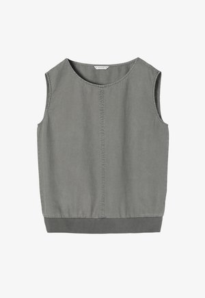 Varrukateta hall särk, mis on valmistatud tekstuurilisest kangast, millel on ümmargune kaelus, keskosas õmblustega üksikasjad ja paigaldatud alläär.