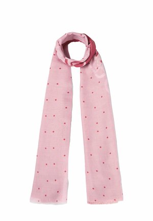Helles rosa Tuch aus durchscheinendem Stoff, das mit kleinen roten Punkten versehen ist, mit fransigen Kanten und einem geschlungenen Design.