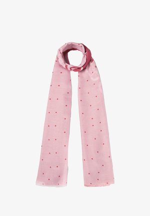 Sciarpa rosa chiaro realizzata in tessuto trasparente, con piccoli pois rossi sparsi, con bordi frangiati e un design a giro.