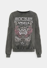 Dark gray sweatshirt with pink and white graphic reading "Rockin' Angels Girls' Band U.K. 1976 World Tour '76" and winged floral design.