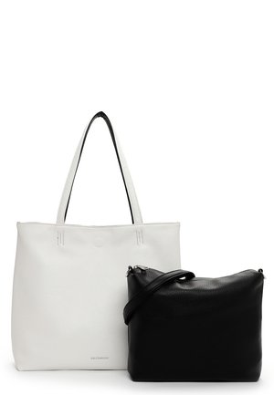 White tote bag with dual handles and black crossbody bag with zipper and adjustable strap, both made of textured leather.