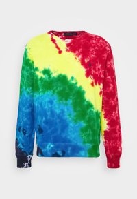 Multifärgad tie-dye sweatshirt med mönster i röd, gul, grön och blå, långa ärmar och rund halsringning.