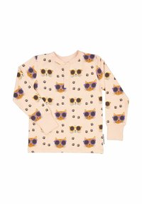 Långärmad rosa skjorta med ett mönster av kattansikten, prydd med solglasögon och tassavtryck. Mjuk tyg med rundad halsringning och knapprad.