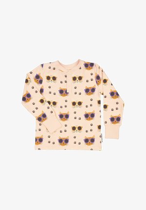 Langærmet lyserød skjorte med katteansigt mønster, prydet med solbriller og poteaftryk. Blødt stof med rund halsudskæring og knapdetalje.