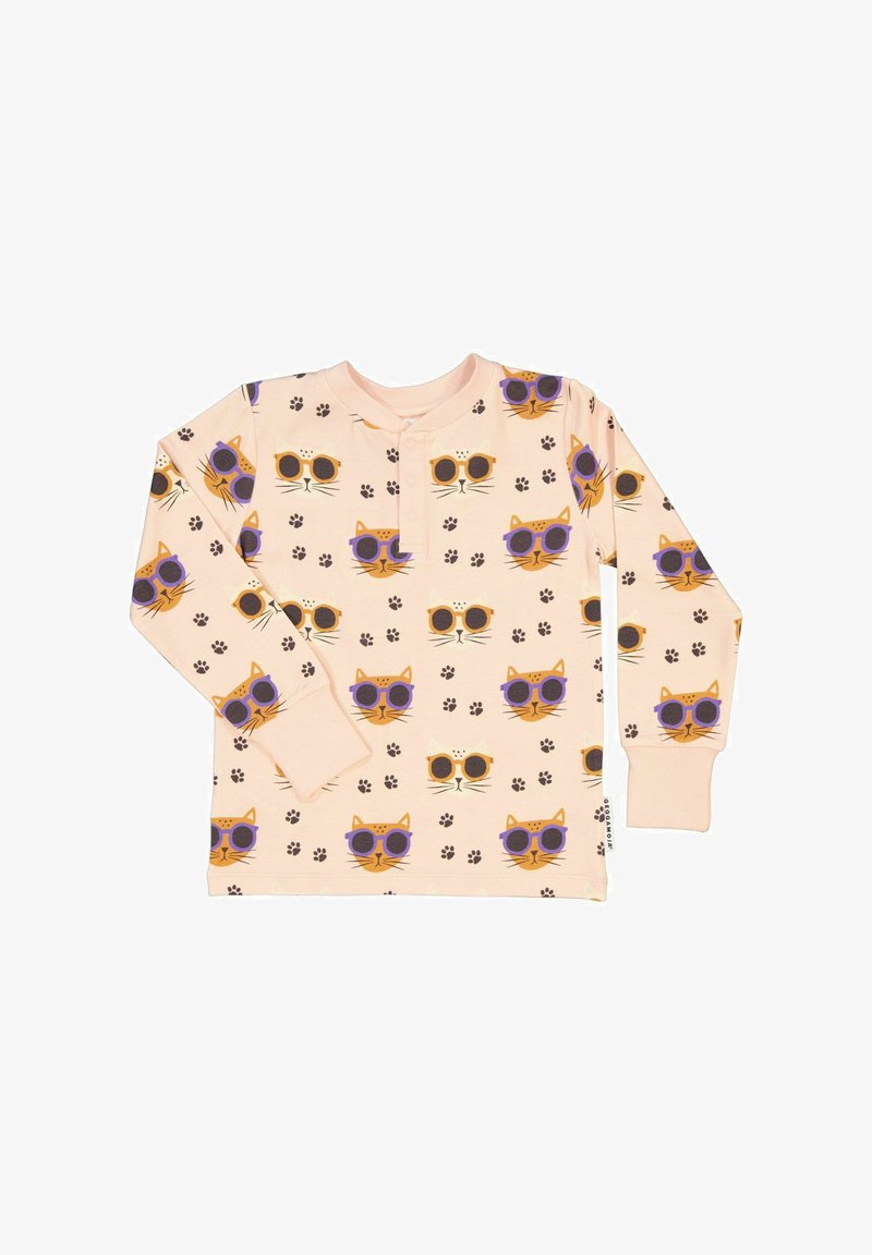 Långärmad rosa skjorta med ett mönster av kattansikten, prydd med solglasögon och tassavtryck. Mjuk tyg med rundad halsringning och knapprad.
