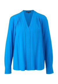 Blusa a maniche lunghe di un vivace blu con scollo a V, dettagli plissettati sulle spalle e polsini con bottoni, progettata per l'abbigliamento formale o casual femminile.