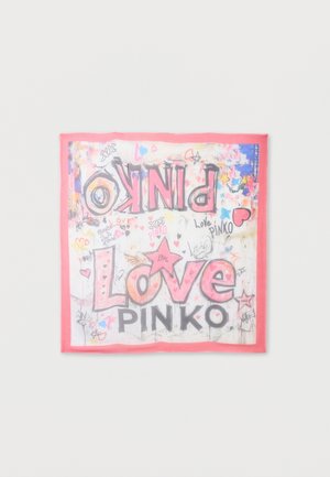 Neliskulmainen huivi, jossa on vaaleanpunainen reunus ja värikkäitä graffiti-tyylisiä tekstejä ja piirroksia, mukaan lukien sanat "Love PINKO" sekä erilaisia sydämiä ja tähtiä.