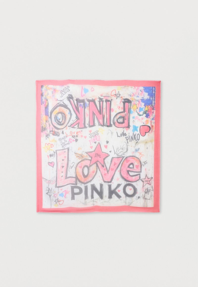 Τετράγωνο μαντήλι με ροζ περιθώριο που παρουσιάζει πολύχρωμο κείμενο και σχέδια σε στυλ γκράφιτι, συμπεριλαμβανομένων των λέξεων "Love PINKO" και διάφορων καρδιών και αστεριών.