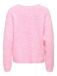 Pull rose à manches longues, texture douce, col rond, vu de dos.