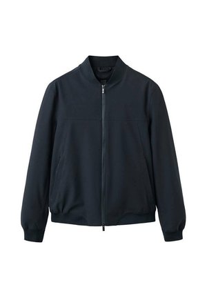 Zwarte bomberjack met ritssluiting aan de voorkant, geribde kraag, manchetten en tailleband, voorzien van zijzakken en een eenvoudig ontwerp.