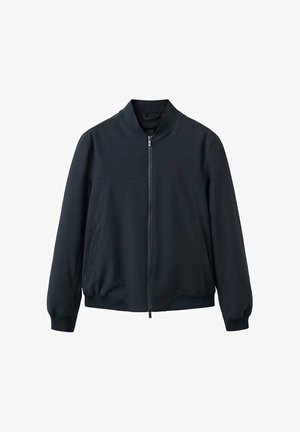 Chaqueta bomber negra con cremallera frontal, cuello, puños y cintura acanalados, con bolsillos laterales y un diseño sencillo.