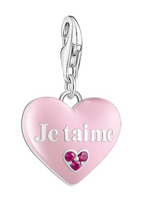 Charm en forme de cœur émaillé rose avec l'inscription "Je t'aime" gravée en argent. Orné de gemmes roses dans un petit accent en forme de cœur. Fermoir en métal pour fixation.