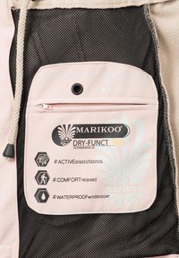 Pink fabric pocket with a zipper, featuring logos and text for Marikoo Dry-Funct 7000, on a background of black mesh material.