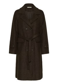 Bruine wollen mix overjas met een notch-kraag, dubbele knoopsluiting aan de voorkant, zijzakken en een bijpassende riem in de taille.