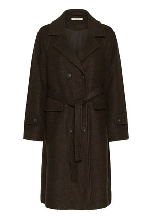 Cappotto lungo in misto lana marrone con colletto a risvolto, chiusura doppiopetto, tasche laterali e una cintura abbinata in vita.