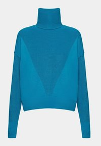 Long-sleeve teal turtleneck sweater with ribbed texture and V-shaped knit pattern on front, designed for a relaxed fit.