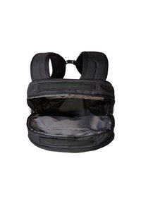 Mustat reppuja, joissa on pehmustetut hihnat, vetoketjukiinnitys ja tilava harmaa sisustus. Valmistettu kestävästä kankaasta, ulkopuolella on tarranauha-aksentteja.