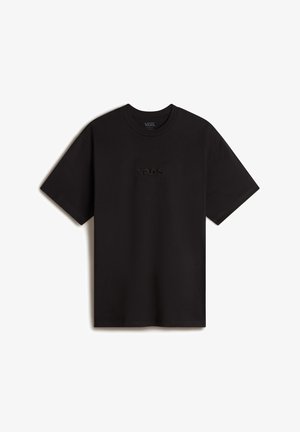 Zwarte katoenen t-shirt met korte mouwen, ronde hals, met een tonale "vans" logo in reliëf aan de voorkant. Gladde textuur, losse pasvorm.