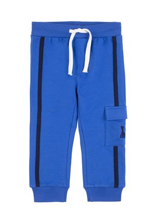 Blue children's jogger pants with white drawstring, black side stripes, ribbed ankle cuffs, and a pocket with a small giraffe embroidery on the right leg.