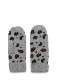 Sive pletene rukavice s uzorkom leopard u crnim i smešnim nijansama. Mekana tekstura i rebrasti rukavi za toplinu.