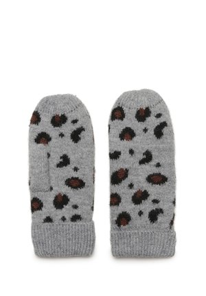 Guanti in maglia grigia con motivo leopardato in tonalità nere e marroni. Texture morbida e polsini a coste per il calore.