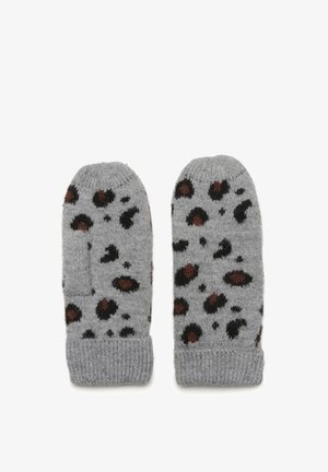 Gray knitted mittens featuring a leopard print pattern in black and brown tones. Soft texture and ribbed cuffs for warmth.