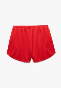 Rode sportieve shorts van gladde stof, met een elastische tailleband en een losse, korte snit met afgeronde zoomranden.