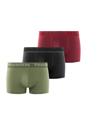 Lot de boxers pour hommes en vert, noir et rouge. Coton doux avec des ceintures élastiques comportant "FREEGUN" dans des couleurs contrastées.