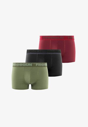 Lot de boxers pour hommes en vert, noir et rouge. Coton doux avec des ceintures élastiques comportant "FREEGUN" dans des couleurs contrastées.