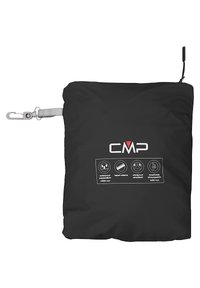 Schwarze wasserdichte Tasche mit Reißverschluss und Clip. Mit CMP-Logo und Symbolen, die wasserdicht, mit versiegelten Nähten, winddicht und atmungsaktiv kennzeichnen.