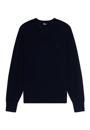 Marineblauwe v-hals trui van een glad gebreid materiaal, met lange mouwen en een klein, ton sur ton logo op de borst.