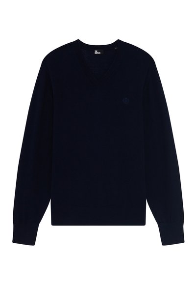 Dunkelblaues V-Ausschnitt-Pullover aus glattem Strickmaterial, mit langen Ärmeln und einem kleinen, tonalen Logo auf der Brust.
