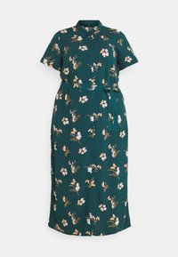 Groene bloemen midi-jurk met een knoopsluiting aan de voorkant, korte mouwen en een ceintuur in de taille. Bevat witte en gouden bloemenpatronen en vlinders.