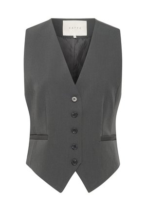Gilet gris avec un design en V, comportant six boutons, deux poches et une texture lisse. Fabriqué en tissu sur mesure pour un ajustement structuré.