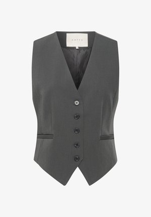 Graue Weste mit V-Ausschnitt, die sechs Knöpfe, zwei Taschen und eine glatte Textur aufweist. Hergestellt aus maßgeschneideter Stoff für eine strukturierte Passform.