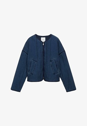 Dark denim jacket, cropped cut, round neckline, front zip closure, two patch pockets, visible stitching, long sleeves with wide cuffs.