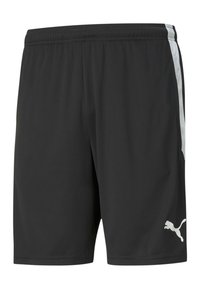 Sorte atletiske shorts lavet af letvægtsmateriale, med hvide sidekanter og et Puma-logo på det nederste venstre ben.