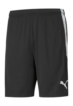 Sorte atletiske shorts lavet af letvægtsmateriale, med hvide sidekanter og et Puma-logo på det nederste venstre ben.