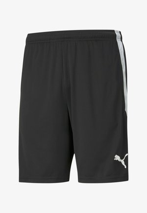 Pantaloni sportivi neri realizzati in materiale leggero, con accenti bianchi sui lati e un logo Puma sulla parte inferiore della gamba sinistra.
