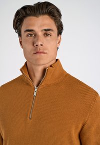 Maglione rigato color ruggine con colletto alto e chiusura con zip argentata. Tessuto testurizzato e design aderente.
