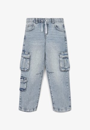 Pantaloni cargo in denim blu chiaro con vita elastica, chiusura con coulisse e quattro tasche grandi. Caratterizzati da una vestibilità rilassata e una texture sfumata.