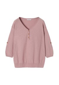 Pullover rosa con scollo a V, maniche a tre quarti e dettagli con bottoni in legno. Tessuto morbido e orlo a coste.