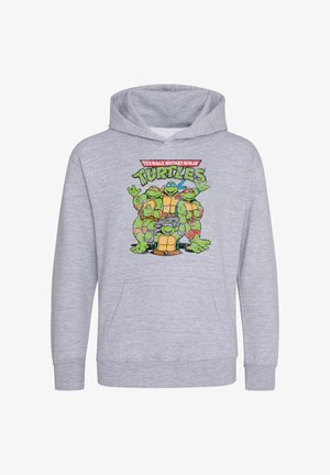 Sudadera gris claro hecha de una tela suave, con un gráfico colorido de cuatro tortugas de "Teenage Mutant Ninja Turtles" en la parte frontal.