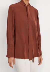 Blouse marron à manches longues en tissu lisse avec un col noué et des poignets boutonnés, présentant une coupe décontractée et un léger éclat.