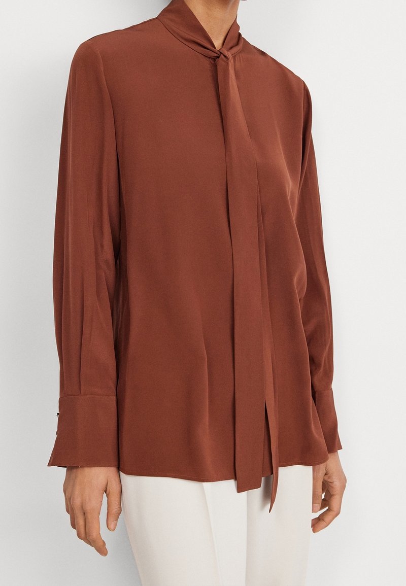 Blouse marron à manches longues en tissu lisse avec un col noué et des poignets boutonnés, présentant une coupe décontractée et un léger éclat.